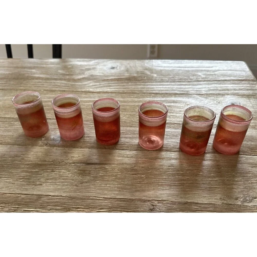 6 Hand Blown Art Glass Shot Glasses Pink Gold Swirl Bohemian Artisan Mid Century